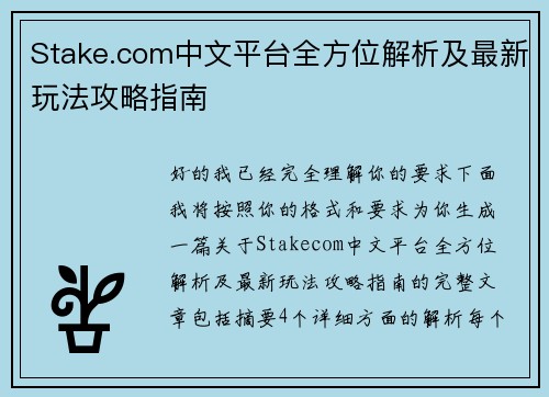 Stake.com中文平台全方位解析及最新玩法攻略指南